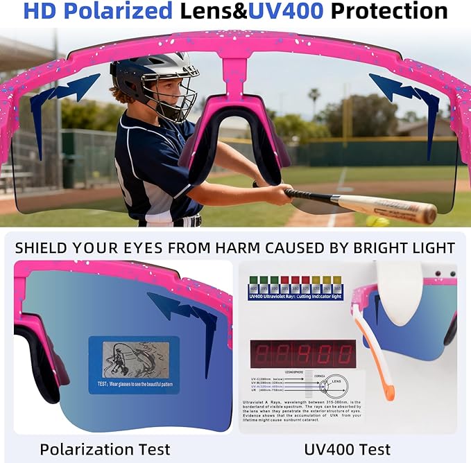 2-Sizes Kids Youth Baseball Sunglasses Men Women Vipers Sunglasses Softball Boys Girl True Polarization &UV Protection