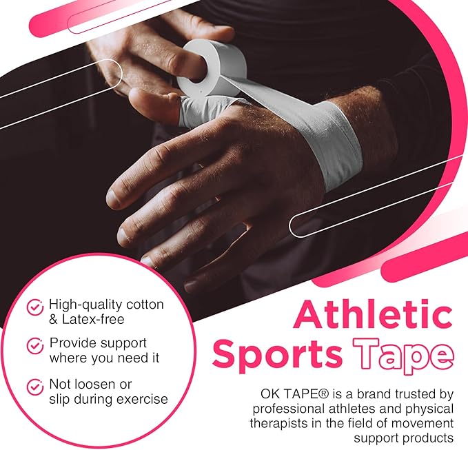 OK TAPE Athletic Sports Tape（4 Packs) White- 32.8ft Per Roll Athletic Tape for Injuries,Strong Stick No Residue Athlete & Sport Trainers First Aid Injury Wrap, Hockey Stick