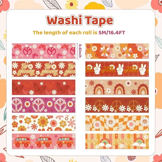12 Rolls Washi Tape Set, Retro Boho Flower Butterfly Masking Tapes, Doodle - Image 2