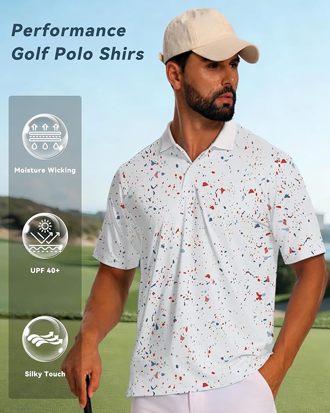 KUYIGO Mens Polo Shirt Quick Dry Moisture Wicking UPF 40+ Performance Printed Short Sleeve Summer Tennis Golf Shirt