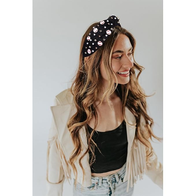 Baseball Headband for Women Baseball Accessories Beaded Crystal Pearl Knotted Headbands Baseball Charm Embellished Headband Wide Top Knot Sports Game Day Headband Gifts (A-Black 2)