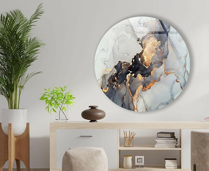 My Photostation.com 27.5'' Diameter Gold Details Gray Marble Round Glass Wall - Image 7