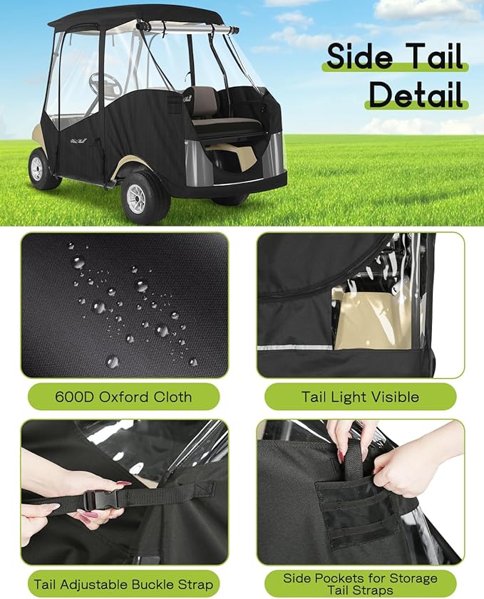 Golf Cart Enclosure 4 Passenger for Club Car DS 4-Seater 2+2 58" Short Roof Waterproof Windproof Driving Rain Cover with 4-Sided Clear Windows Mirror Zipper Roll-up Door Black