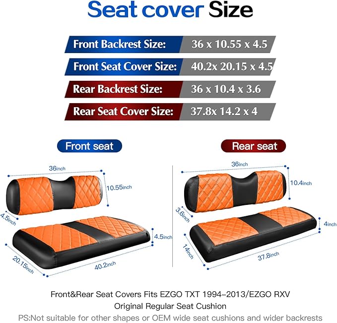 NOKINS 4PCS Golf Cart Diamond Seat Covers Kit,Front and Rear Seat Covers for Club Car Precedent/EZGO TXT/Yamaha Original Regular Seat Cushion (Orange and Black, Fit EZGO TXT 1994-2013)