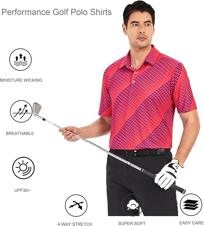 Alex Vando Mens Golf Shirt Moisture Wicking Quick-Dry Print Performance Polo Shirts for Men