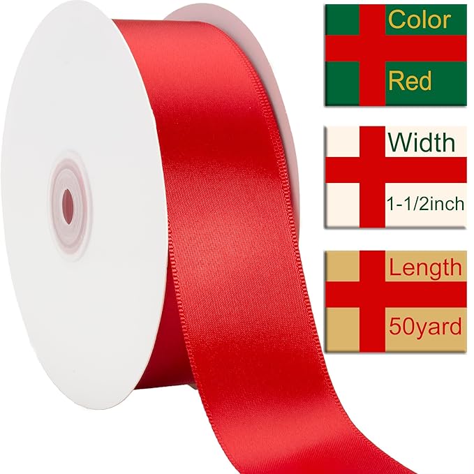 1-1/2 Inch Red Ribbon, 50 Yards Craft Polyester Satin Ribbon Perfect - Image 2