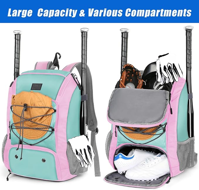 MATEIN Baseball Backpack, Softball Bat Bag with Shoes Compartment for Youth, Boys and Adult, Lightweight Baseball Bag with Fence Hook Hold TBall Bat, Batting Mitten, Helmet, Caps, Teeball Gear