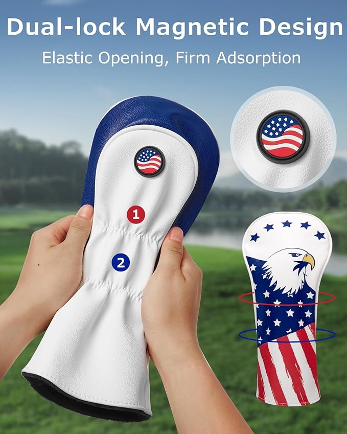 Fitense Golf Head Covers, 3 Pack Golf Club Head Covers USA Stars and Stripes, Velour Lined for Extra Club Protection, Designed to Fit All Woods and Drivers Velour Lined
