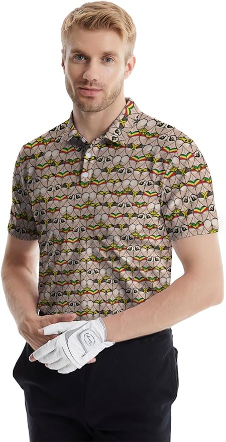 HUURAY Funny Golf Polos for Men Funny Print Short Sleeve Shirts Quick Dry Polo Shirts Hawaiian Shirt Performance Golf Outfits