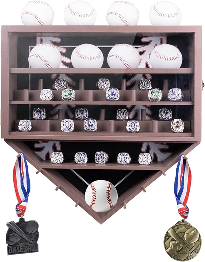 Baseball Ring Display Case, 17.9*16.9*4" , Accommodate 35 Rings, 9 Balls and 8 Medals, Championship Rings Medals Holder, Wall Mount Baseball Case Display, Equipped with a Dust-Proof Door
