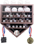 Baseball Ring Display Case, 17.9*16.9*4" , Accommodate 35 Rings, 9 Balls and 8 Medals, Championship Rings Medals Holder, Wall Mount Baseball Case Display, Equipped with a Dust-Proof Door