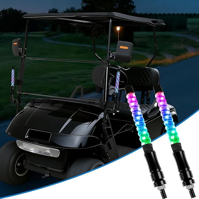 iLSKW 2-Pack 1FT Golf Cart LED Whip Lights Holder, for 0.59-1.18" Rails, APP&Remote Control RGB Whips, with Brake Turn Reverse Signal Function, for 36V 48V 72V Golf Carts (Included DC Converter)