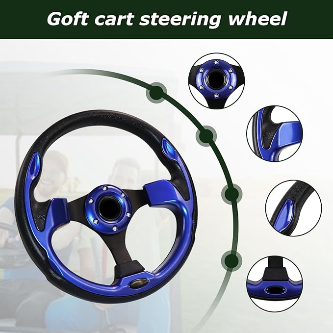Golf Cart Steering Wheel, Universal Fit, PVC, Black and Blue, Medium Grip, For Golf Carts, Club Car, EZGO, RXV, TXT, Yamaha, Precedent, Tempo, DS