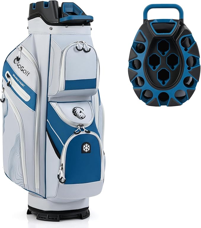 Tangkula Golf Cart Bag with 14-Way Full Length Dividers, 6 Molded Lock Top Golf Club Bag with 11 Pockets, Cooler Bag, Padded Strap, Handles, Umbrella Holder & Rain Hood