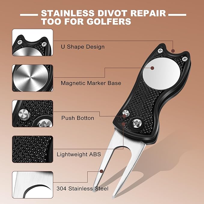 Golf Accessories for Men and Women, Golf Gifts for Him with Leather Case, Golf Brush, Golf Balls, Golf Tees, Golf Ball Clamp, Golf Divot, Golf Ball Line Marker Tool,Golf Ball Marking Stencils (Brown)
