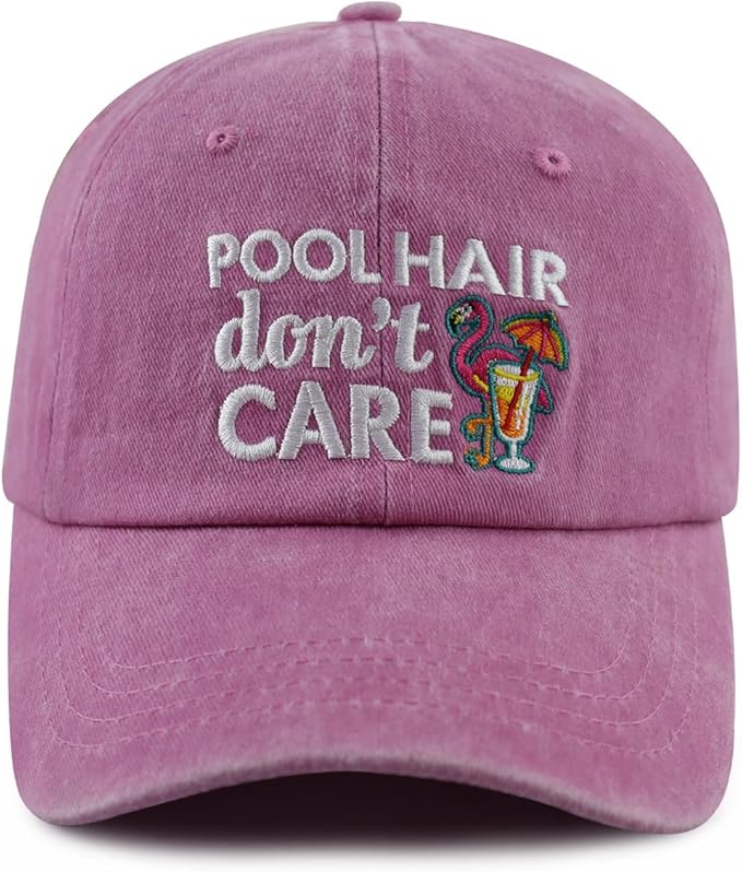 Pool Hair Don't Care Hat for Men Women, Funny Adjustable Cotton Embroidered Flamingo Pool Baseball Cap