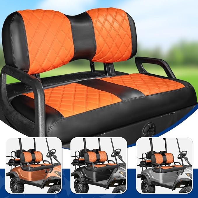 NOKINS 4PCS Golf Cart Diamond Seat Covers Kit,Front and Rear Seat Covers for Club Car Precedent/EZGO TXT/Yamaha Original Regular Seat Cushion (Orange and Black, Fit Yamaha Drive/Drive 2)