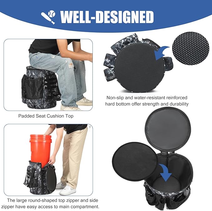 Baseball Bucket Bag 6 Gallon Bucket Cover Organizer w/Padded Seat tactical Softball Coaches Bag for Balls, Bat, Gloves, Scoreboards