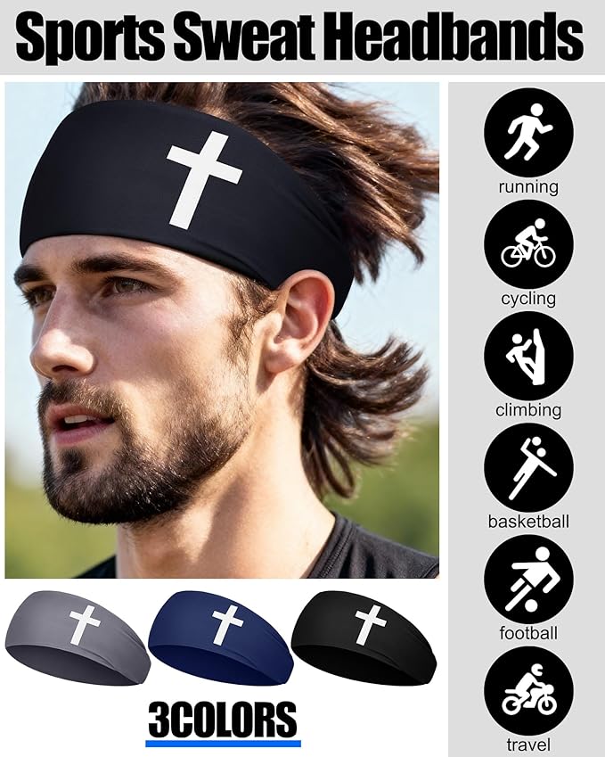Shihanee 3 Pcs Christian Headbands for Men Jesus Cross Athletic Sweat Bands Christian Workout Accessories Moisture Wicking Sports Hairbands for Football Baseball Basketball Running Training