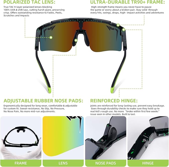 2-Sizes Kids Youth Baseball Sunglasses Men Women Vipers Sunglasses Softball Boys Girl True Polarization &UV Protection