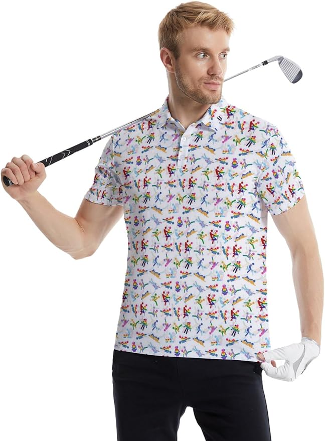 HUURAY Funny Golf Polos for Men Funny Print Short Sleeve Shirts Quick Dry Polo Shirts Hawaiian Shirt Performance Golf Outfits