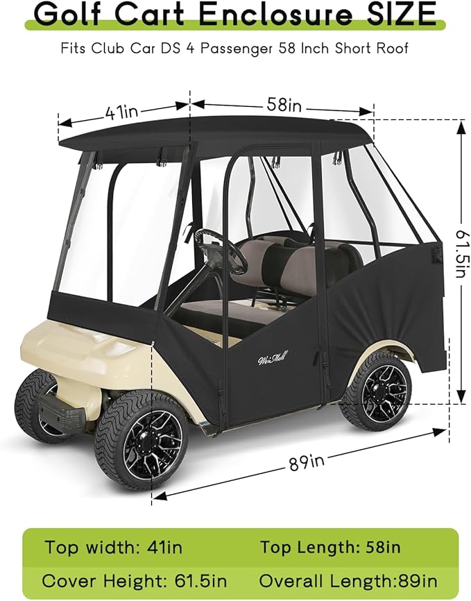Golf Cart Enclosure 4 Passenger for Club Car DS 4-Seater 2+2 58" Short Roof Waterproof Windproof Driving Rain Cover with 4-Sided Clear Windows Mirror Zipper Roll-up Door Black