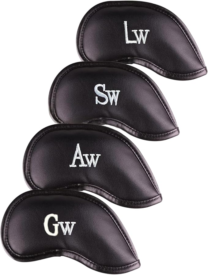 All Teed Up Premium Magnetic Leather Iron and Wedge Golf Club Head Covers | Set of 10 | Fits Most Clubs | Embroidered Club Label on Both Sides of Club Head Cover