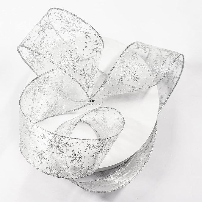CT CRAFT LLC Organza with Silver Glitter Snowflakes Wired Ribbon 2.5 inch x 50 - Image 2