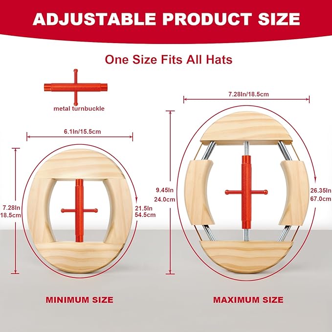 4 Way Hat Stretcher, Hat Stretcher for Fitted Hats, Heavy Duty Hats Shaper Extender w. Lever Wrench for Men All Kind of Caps
