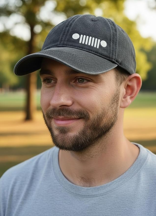 Jeep Grille Logo Garment Washed Baseball Cap – Adjustable Black Hat with Embroidered 7-Slot Grille