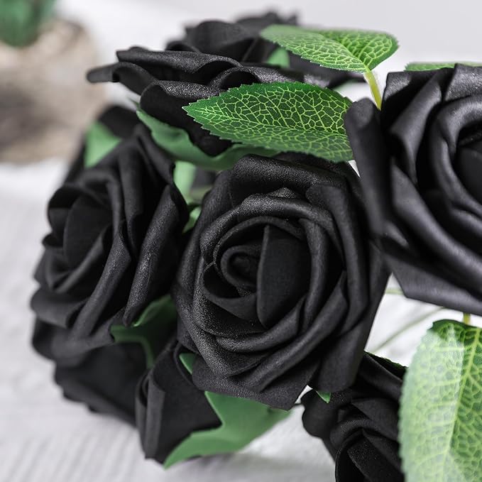 AmyHomie Artificial Flowers Black Rose 25pcs Real Looking Fake Roses w/Stem - Image 7