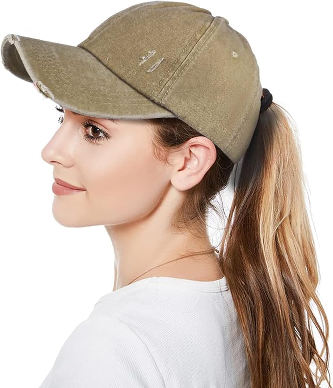 Womens Criss Cross Ponytail Baseball Cap Distressed Ponytail Hat High Messy Bun Trucker Ponycap for Outdoor Sports
