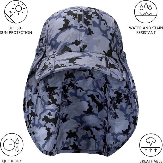 BASSDASH UPF 50+ Foldable Fishing Hat Baseball Cap with Removable Neck Flap Portable for Men Women Golf Hiking