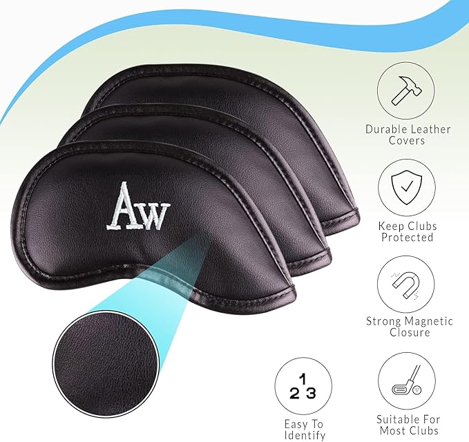 All Teed Up Premium Magnetic Leather Iron and Wedge Golf Club Head Covers | Set of 10 | Fits Most Clubs | Embroidered Club Label on Both Sides of Club Head Cover