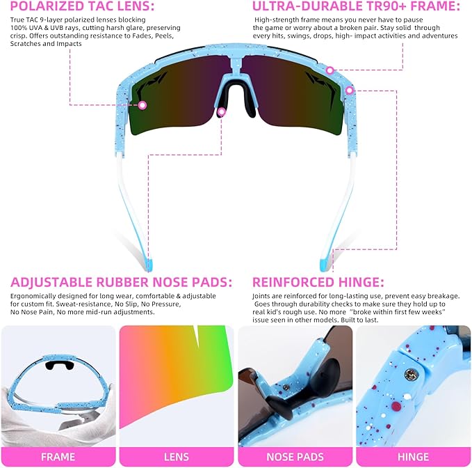 2-Sizes Kids Youth Baseball Sunglasses Men Women Vipers Sunglasses Softball Boys Girl True Polarization &UV Protection