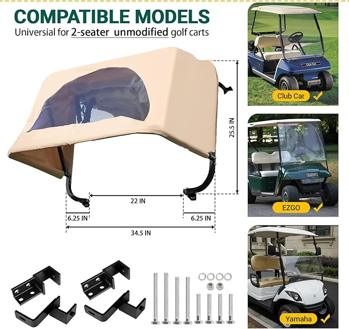 DRIVE UP Golf Cart Rear Bag Rain Cover for Most Yamaha Club Car EZGO Golf Carts, Black/Beige Heavy-Duty Golf Rear Rain Shelter with Bracket Kit
