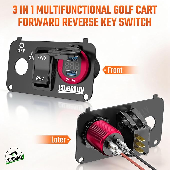 EZGO Key Switch Plate with Forward Reverse Switch, DC 9V-48V 3.1A Fast Charge Dual USB Charger, LED Digital Voltmeter, Fit Electric EZGO TXT, Medalist, PDS Golf Carts((Black/Red))