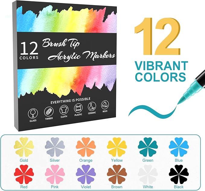 12 Colors Acrylic Paint Markers, Waterproof Dual Tip Acrylic Paint Pens - Image 2