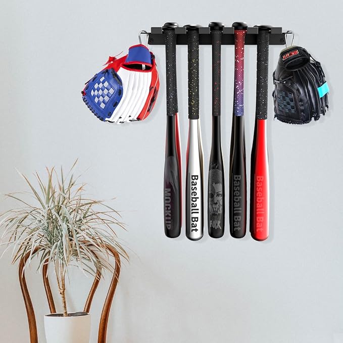 veimia Baseball Bat Holder Wall Mount, Baseball Bat Storage Rack, Holds 10 Bats on Wooden or Concrete Wall, Metal Bat Hanger with Fully Wrapped Rubber Mat, Bat Holder