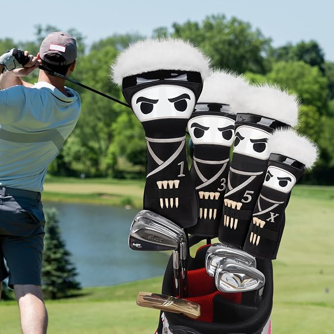 mytag Ninja Golf Club Covers for Woods and Driver, Golf Driver Cover 3 Wood Headcover Hybrid Headcover with Golf Tee Holder, Embossed Synthetic Leather