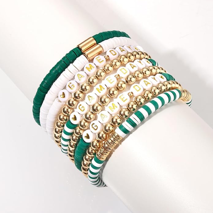 NLCAC 9 Pack Game Day Bracelets Stackable Heishi Beaded Stretchy Bracelet Preppy Jewelry Baseball Football Team Bracelets Sports Fan Accessories Gifts