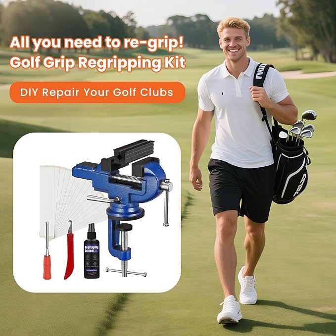 Golf Grip Kit for Regripping Golf Club, Golf Grip Removal Tool with Portable Vise Clamp, Solvent, 15 Double-Sided Tapes (2"x10"), Tape Remover & Rubber Sleeve – Golf Club Repair Kit (Blue)