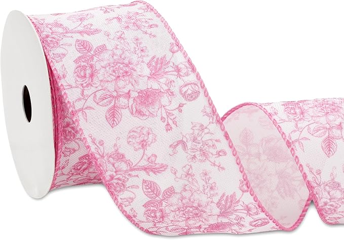 AnyDesign Floral Wired Edge Ribbon Roll Pink Flower Ribbon Chinoiserie Fabric by Unknown