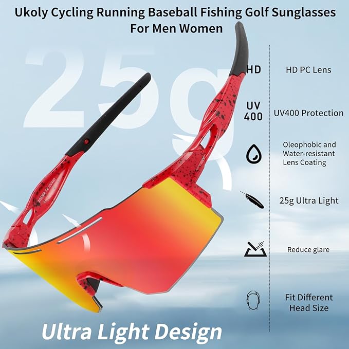 Ukoly Cycling Sunglasses for Men Women with 3 Interchangeable Lenses, Polarized Sports Sunglasses, Baseball Sunglasses