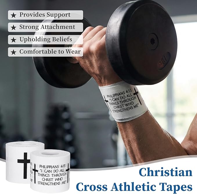 2 Pack Christian Cross Tape for Athletes Religious Bible Verse, White Wrist Tape Baseball Soccer Tennis Wristband 2in x 23ft Cotton Easy to Tear for Ankle Fingers Injury Wrap Sports Gymnastics