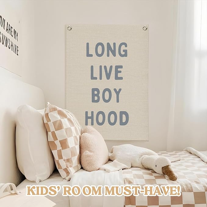 Blue Long Live Boyhood Linen Canvas Banner, Boy Room Decor, Nursery Playroom - Image 5