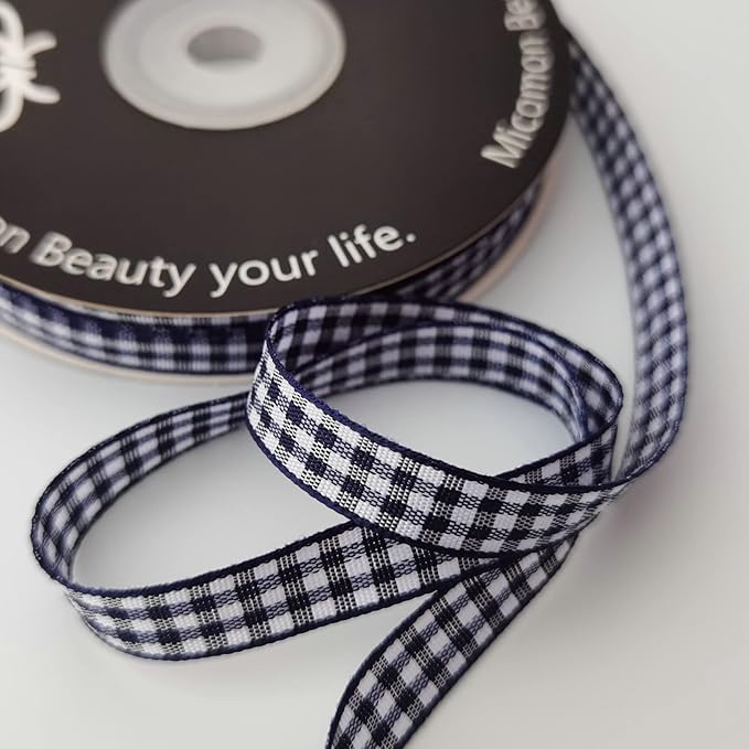 Blue Gingham Woven Edge Ribbon 25 Yards Per Spool, Dark Blue Checked Crafts 3/8 - Image 7