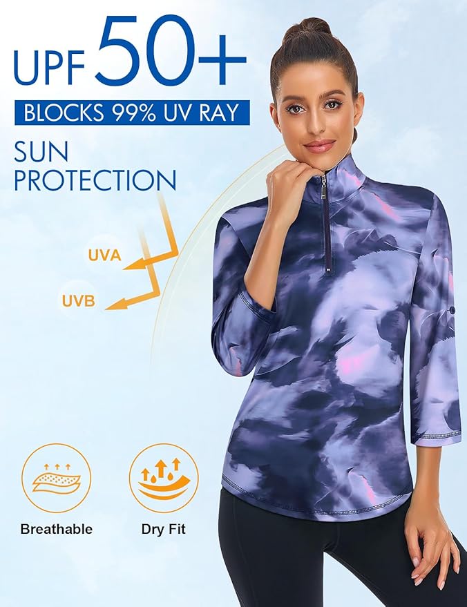 Koscacy Women's 3/4 Roll Sleeve Golf Tennis Polo Shirts UPF50+ Half Zip Dry Fit Workout Tops Athletic Shirt