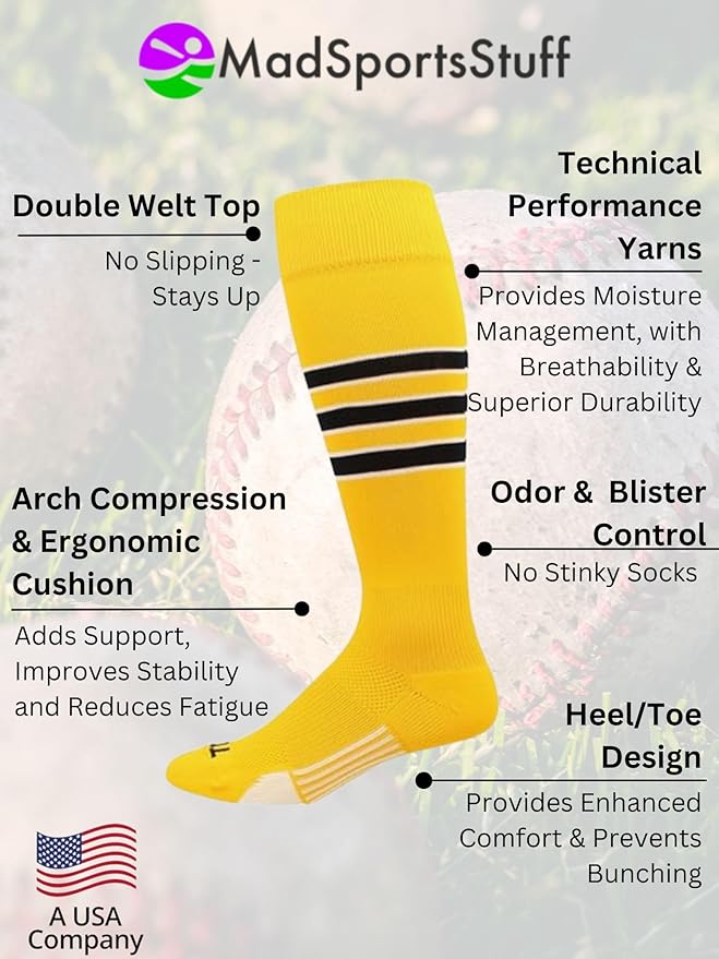 MadSportsStuff Softball Socks Baseball Socks | White & Team Colors | USA Made | Sizes for Girls, Youth Boys, Men & Women