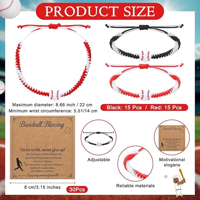 Tondiamo 60 Pcs Baseball Gift Set 30 Baseball Braided Bracelets 30 Inspirational Message Cards Adjustable Sports Wristbands Sports Party Favors Charm Bracelets for Sport Lover Fans Teams